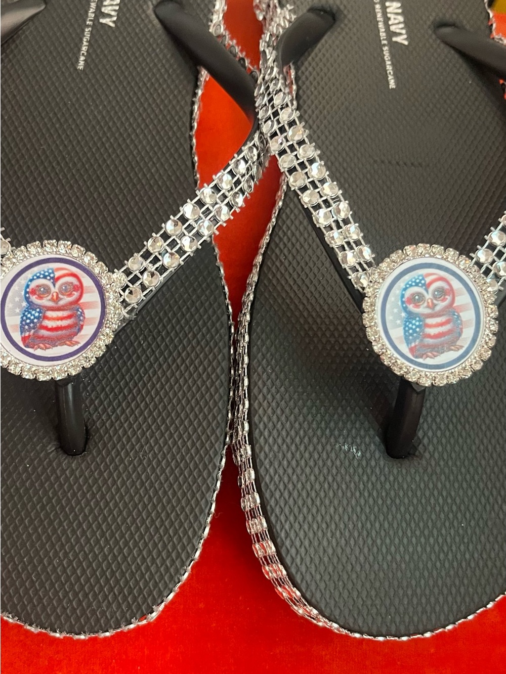 Navy Black Rhinestone Owl Flip Flops